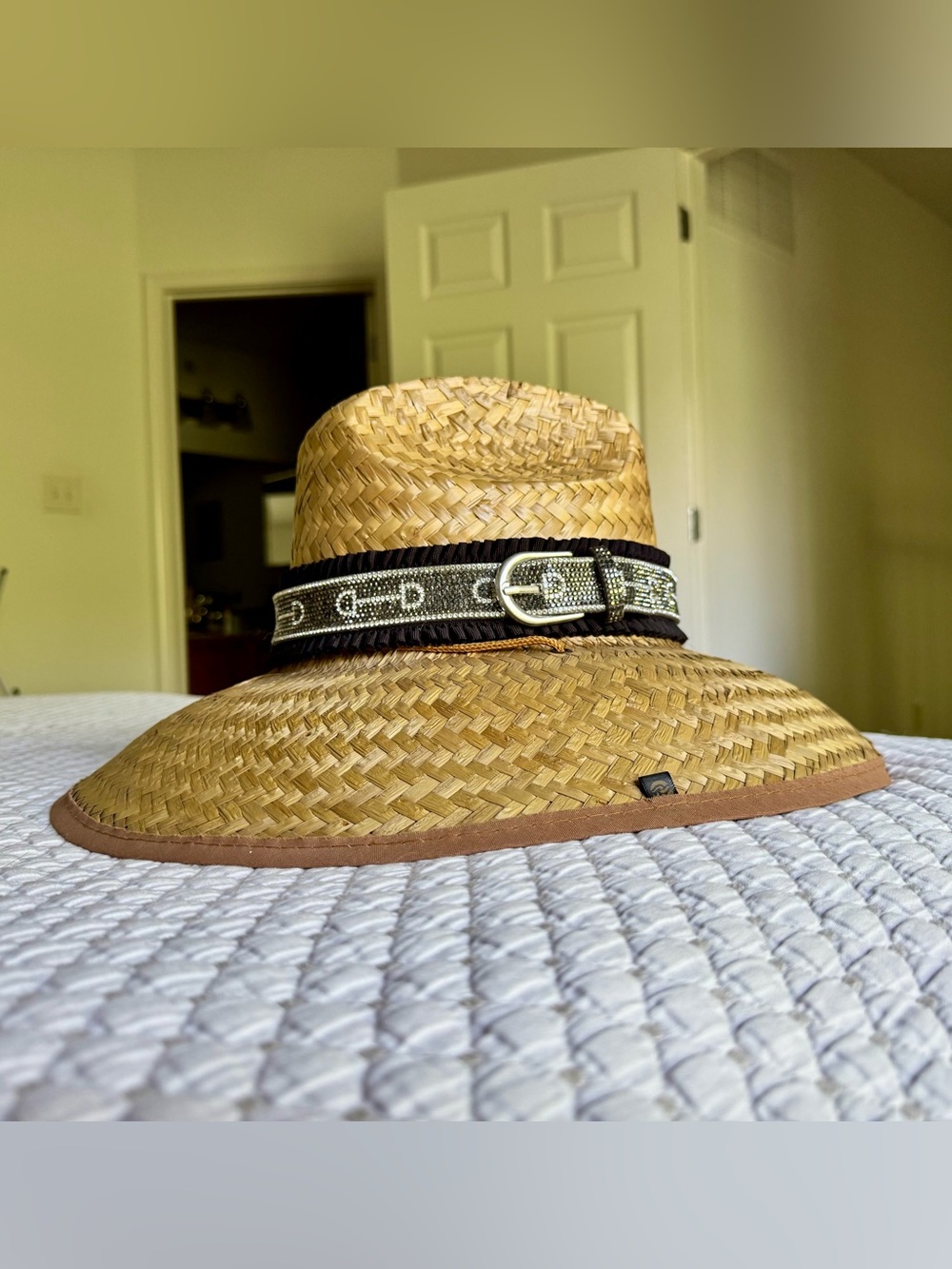 Wide Brim Straw Sun Hat with Buckle Band - Tan